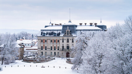 View of Pszczyna town, park and castle during a winter time
