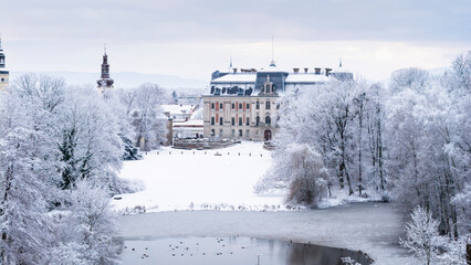 View of Pszczyna town, park and castle during a winter time