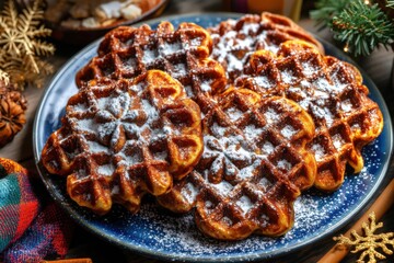 Indulgent fresh snowflake-shaped waffles dusted with powdered sugar showcased on a vibrant blue plate surrounded by cozy holiday decor and warm seasonal ambiance