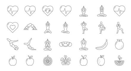 Diverse line art icons of healthy living yoga poses, hearts, fruits, and nature elements