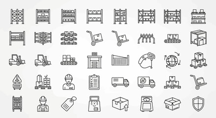 Collection of line-art icons depicting warehouse and logistics elements