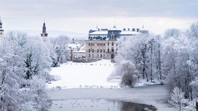 View of Pszczyna town, park and castle during a winter time