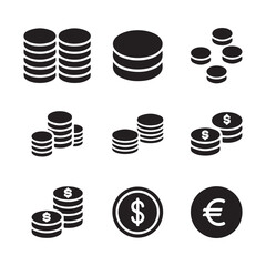 Stacks of coins and single coins in black and white set and bundle silhouette art vector design