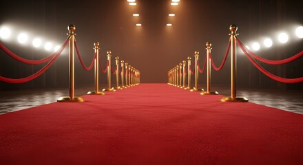 Dramatic red carpet perspective with golden stanchions under stage lighting creating an event mood.