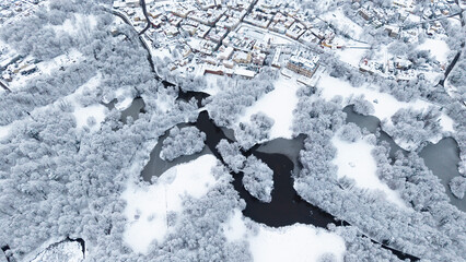 View of Pszczyna town, park and castle during a winter time