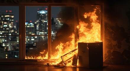 Inferno engulfs an office filing cabinet at night as city lights glow outside window.