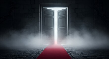 An open door with bright light, inviting entrance, a red carpet leading the way in a dark scene