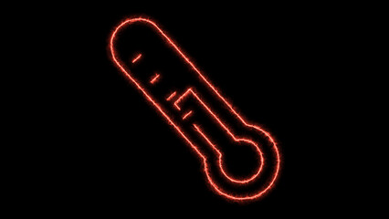 Obraz premium Red glowing neon thermometer icon showing temperature measurement and medical diagnostics, a symbolic representation of heat and health, isolated on black background