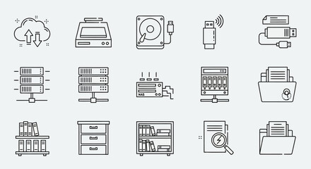 Collection of icons illustrating data storage, servers, and file management