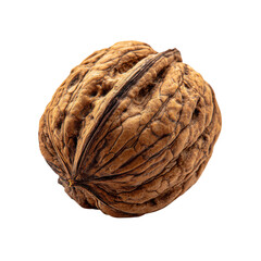 Obraz premium A rough-shelled walnut sits on a plain white surface, showcasing its unique texture and natural patterns