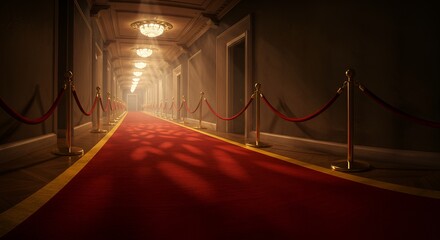 Opulent corridor with a plush red carpet illuminated by soft, radiant chandeliers above.