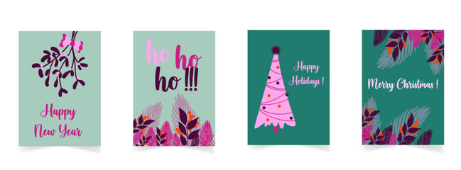 Ensemble de cartes de No&euml;l modernes avec lettrage et ornements festifs sur  fond vert et rose. illustration vectorielles &agrave; imprimer ou modifier pour communication web