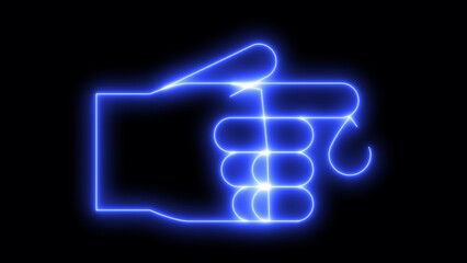 A vibrant blue neon line art icon of a clenched fist making a powerful gesture, symbolizing strength and determination, digitally glowing isolated on black background
