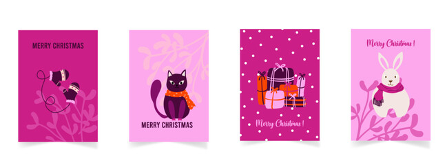 Cartes de Noel originales avec des animaux personnifiés et autre éléments décoratifs comme des cadeaux et des moufles. Illustrations vectorielles parfait pour les créations graphiques de fins d'années