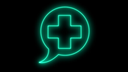 Green neon glowing medical cross icon inside a speech bubble representing online healthcare support and digital communication for health services, isolated on black background.