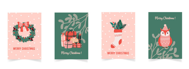 Ensemble de cartes de No&euml;l avec cadeaux, botte de Noel, couronne et autres &eacute;l&eacute;ments festifs. Illustrations vectorielles pou supports marketing et banni&egrave;re web