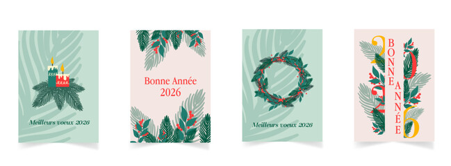 Cartes de v&oelig;ux 2026 professionnelles pour les f&ecirc;tes de fin d'ann&eacute;e. Mod&egrave;les artistiques et cr&eacute;atifs avec branchages, sapin, couronne, cadres et fonds floraux ornementaux.
