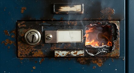 Close-up of a blue, rusted metal box with a gaping hole spewing flames and thick smoke