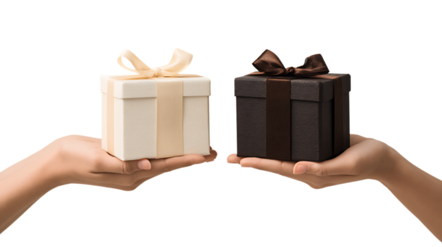 Two hands holding gift boxes, one light and one dark, isolated on transparent background
