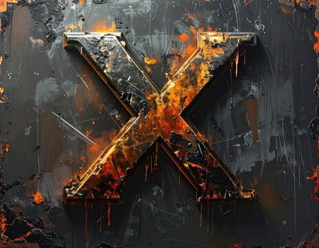 Metallic "X" with fiery details on a weathered, dark background