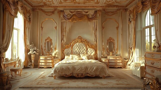 A rococo bedroom with delicate patterns gilded furniture and airy fabrics highlighting a light and luxurious design interior