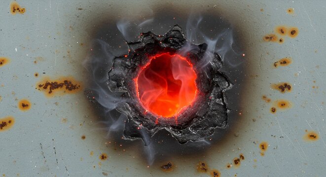 Molten intensity reveals a hole burned through a weathered metallic surface with smoke.