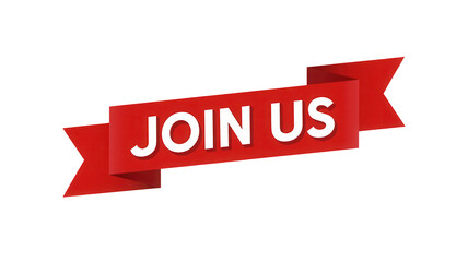 Red ribbon banner with bold white text announcing join us isolated on transparent background