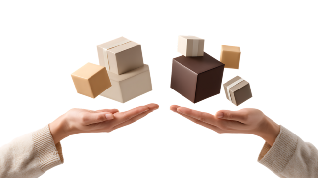 Several cubes floating above open hands, isolated on transparent background - Powered by Adobe
