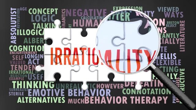 Irrationality under magnifying glass, being researched, studied and examined. Most important subjects and ideas closely related to irrationality written around a puzzle.Can be looped.