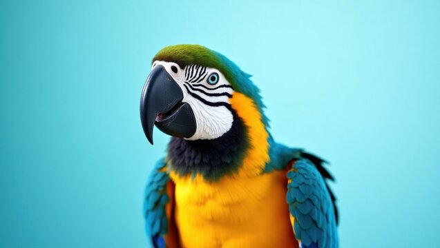 Vibrant blue and gold macaw parrot head close-up with detailed feathers against a soft turquoise backdrop - Powered by Adobe