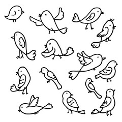Small birds of different shapes, black and white sketch drawing. Vector illustration. A simple drawing, birds, stylization of a child's drawing, isolated on a white background.
