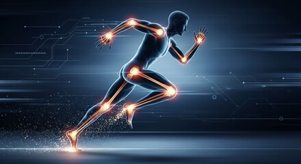 Fototapeta premium Silhouette of a runner with glowing joints and muscles, showcasing athletic performance and the future of sports science and biomechanics.jpeg