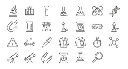 Monochrome icons illustrating scientific tools and elements, isolated against a white background, rendered as outlined shapes