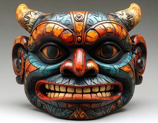 Ornate, colorful demon mask with horns and grinning teeth