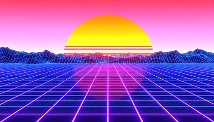 Retro Vaporwave Sunset Landscape with Grid Horizon