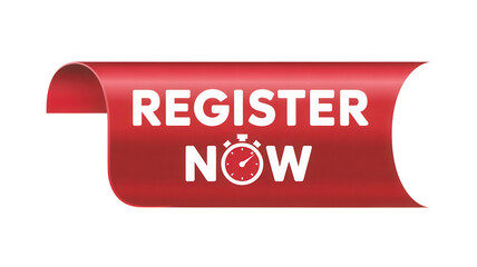 Red ribbon banner with register now text and stopwatch icon isolated on transparent background