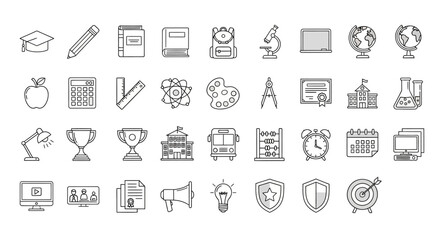 Education icons line drawing style of school and learning elements on a white background