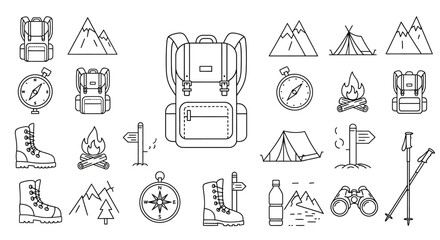 Camping gear line art icons set on white backpack, boots, tent, compass, mountains, campfire, poles, water bottle, binoculars