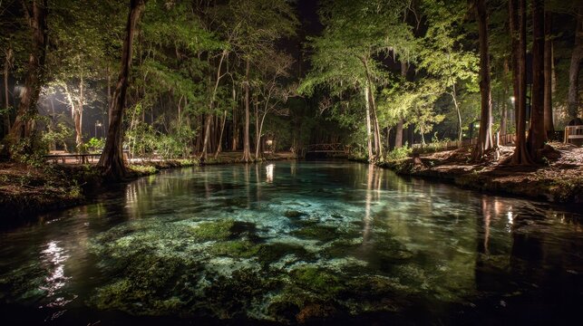 Ginnie Springs at Night: Illuminated Waters and Trees in a Serene Nature Setting