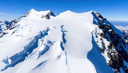Aerial View of Snowy Mountain Ridge with Blue Ice Seams
