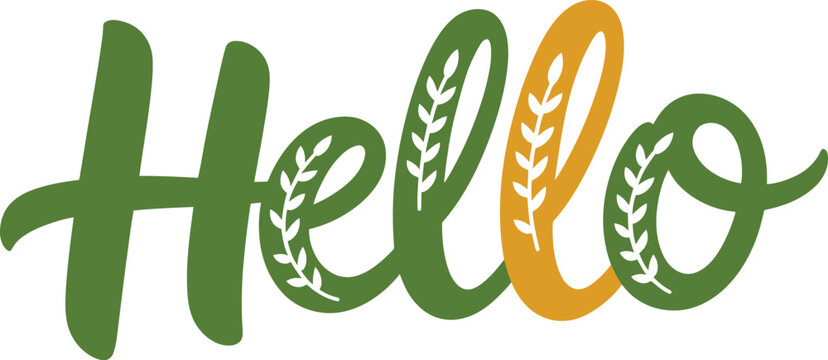 Hello lettering with wheat ears. Green and yellow text. Organic natural food concept