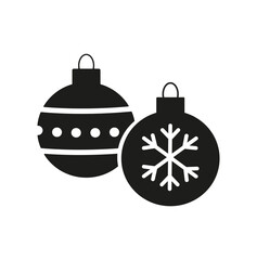 Black silhouette of two Christmas ornaments with snowflake and dots isolated on white background, minimal icon for winter holiday design
