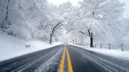Fototapeta premium Journey Through a Winterstorm: A Snowy Road in a Serene Cold Landscape with Trees Beneath a Frosty Sky