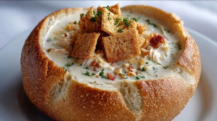 A bread bowl filled with creamy chowder