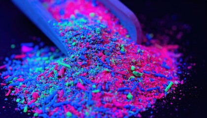 Neon Pink Blue Green Glitter Powder on Black Background