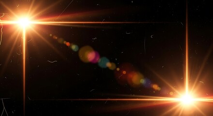 Golden light flares with rectangular frame and dust particles in a dark abstract background scene