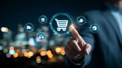  touching a digital shopping cart icon with a connection line 