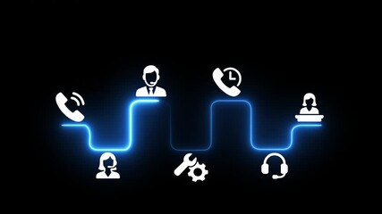 Customer service with AI, speed of service concept on the black background.  Ensuring clients receive timely help and service from provider. Motion graphics of customer service idea. 4k video. 
