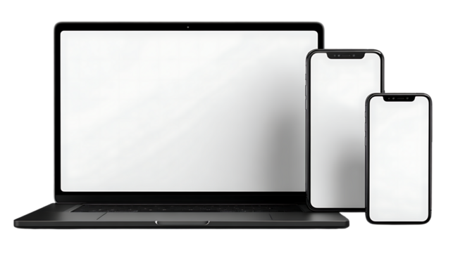 Laptop and two smartphones with blank screens, isolated on transparent background