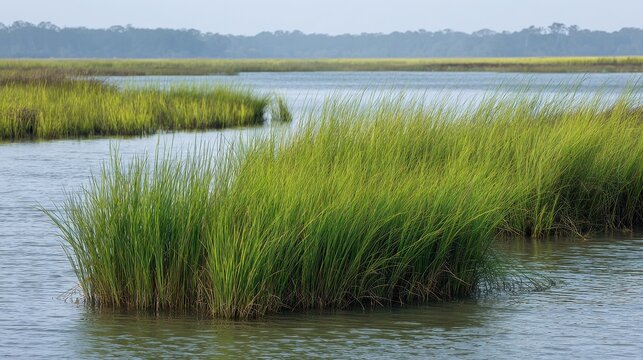 Lush Cordgrass Flourishing in the Coastal Marshes of South Carolina: A Vibrant Habitat Among Green Landscapes - Powered by Adobe